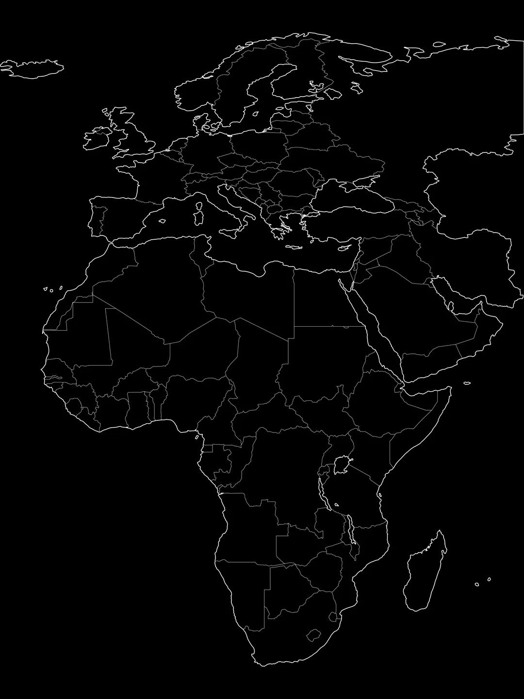 Outline map of Africa, Europe and the Middle East